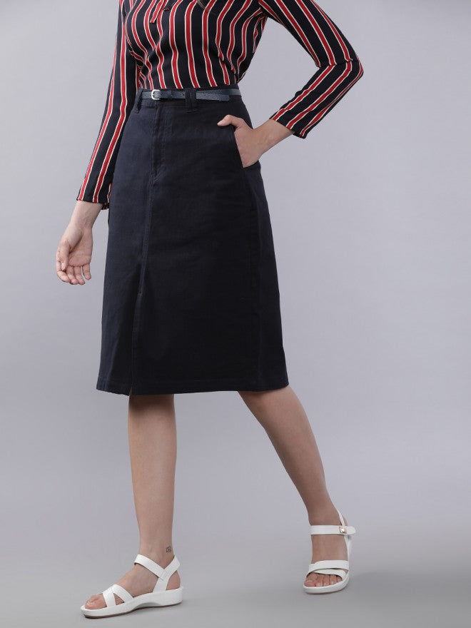Navy Blue Cotton Blend Straight Printed Knee Length Skirt - Navy Blue - Image 2