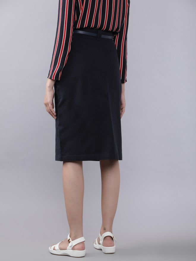 Navy Blue Cotton Blend Straight Printed Knee Length Skirt - Navy Blue - Image 3