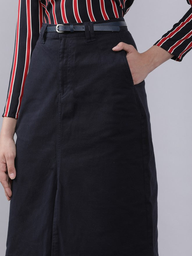 Navy Blue Cotton Blend Straight Printed Knee Length Skirt - Navy Blue - Image 4