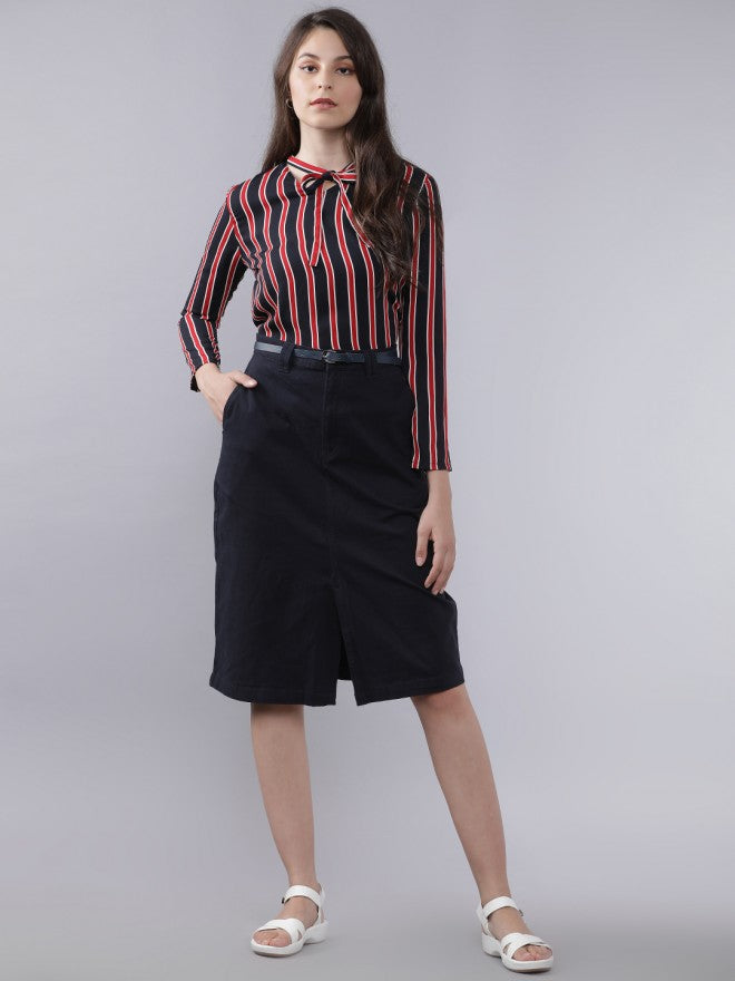 Navy Blue Cotton Blend Straight Printed Knee Length Skirt - Navy Blue - Image 5