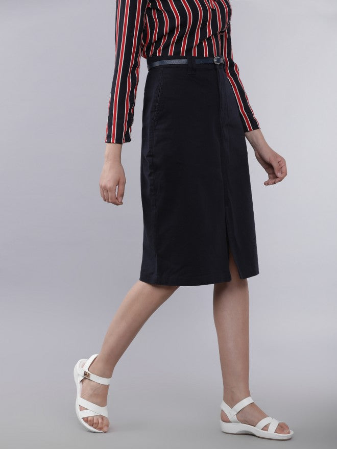Navy Blue Cotton Blend Straight Printed Knee Length Skirt - Navy Blue - Image 6