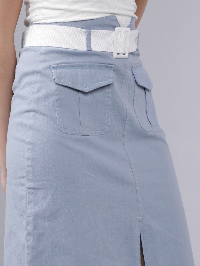Ice Blue Cotton Blend Straight Printed Knee Length Skirt - Blue - Image 4