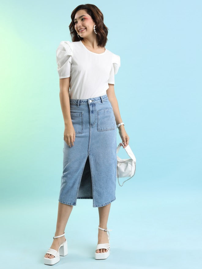 Tokyo Talkies Women Blue Midi Skirt - Blue - Image 2