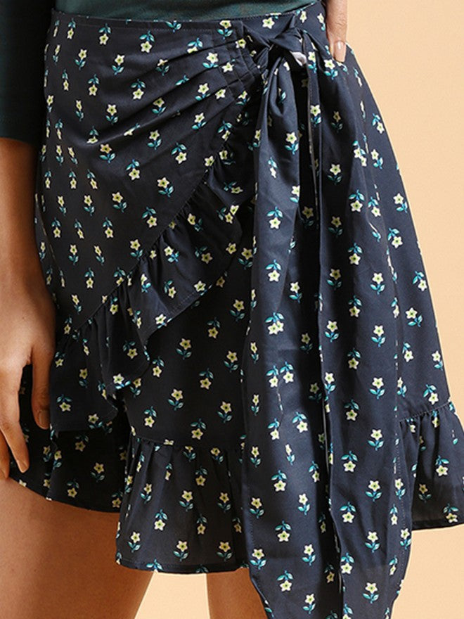 Tokyo Talkies Women Navy Wrap Mini Skirt - Navy Blue - Image 5