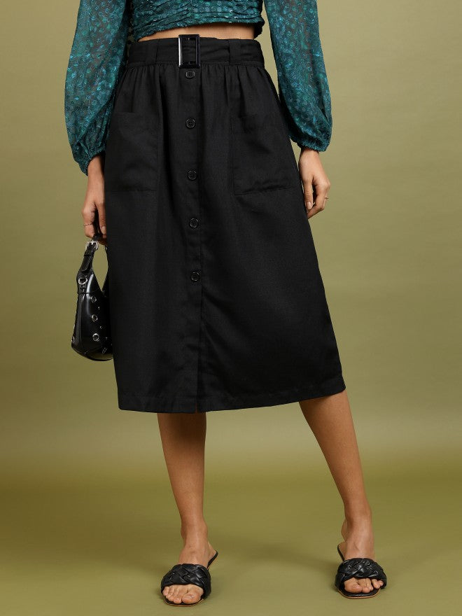Tokyo Talkies Women Black A-Line Midi Skirt - Black - Image 1