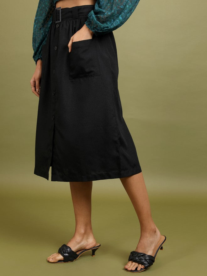 Tokyo Talkies Women Black A-Line Midi Skirt - Black - Image 4