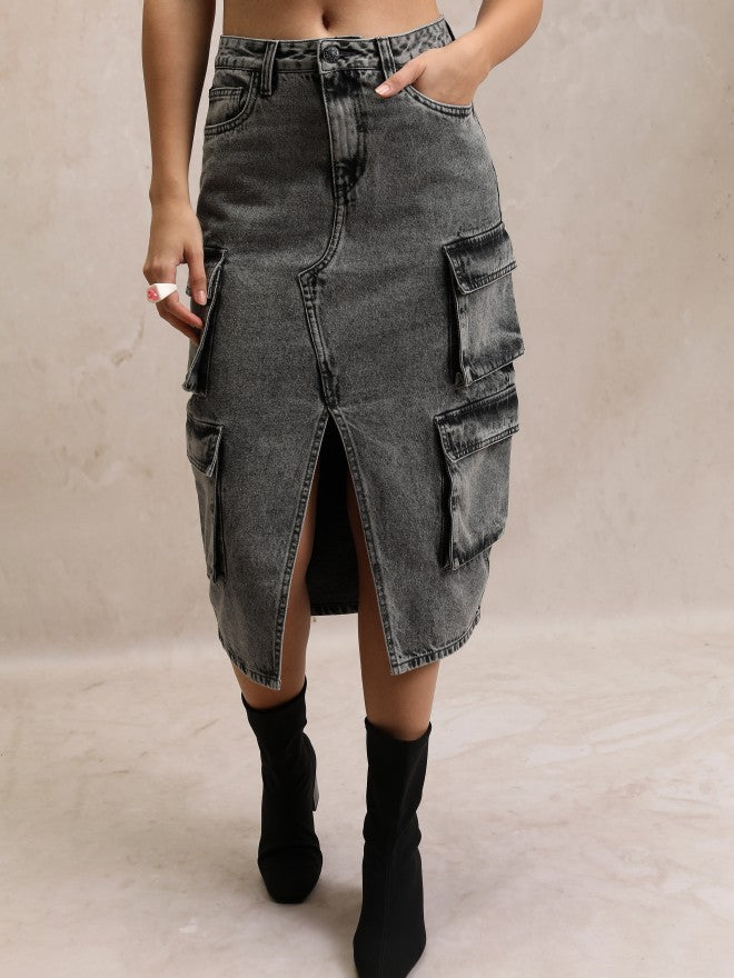 Tokyo Talkies Women Grey Knee Length Skirt - Grey - Image 1