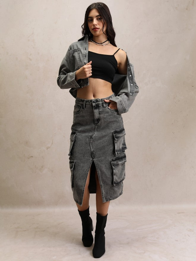 Tokyo Talkies Women Grey Knee Length Skirt - Grey - Image 2