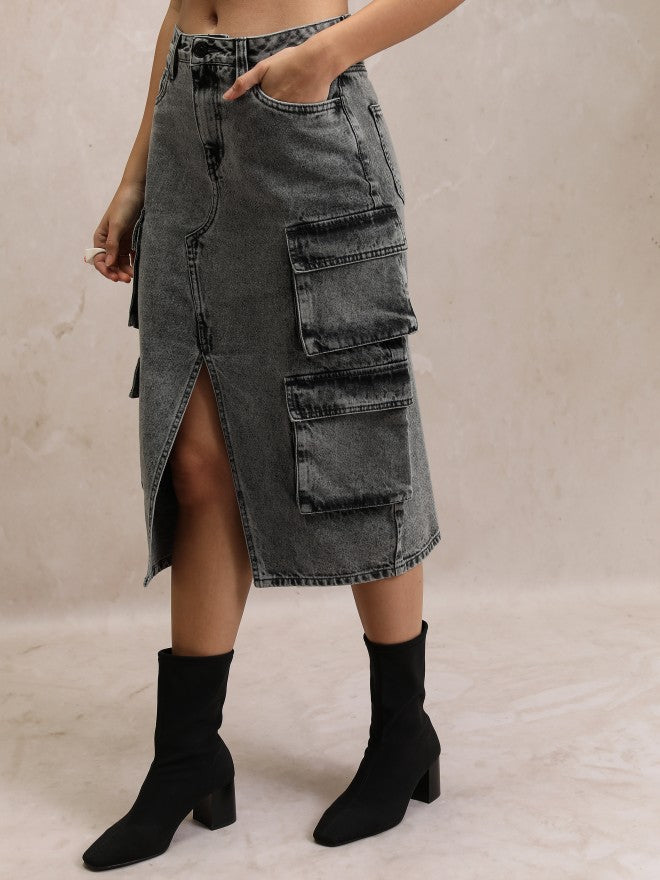 Tokyo Talkies Women Grey Knee Length Skirt - Grey - Image 4
