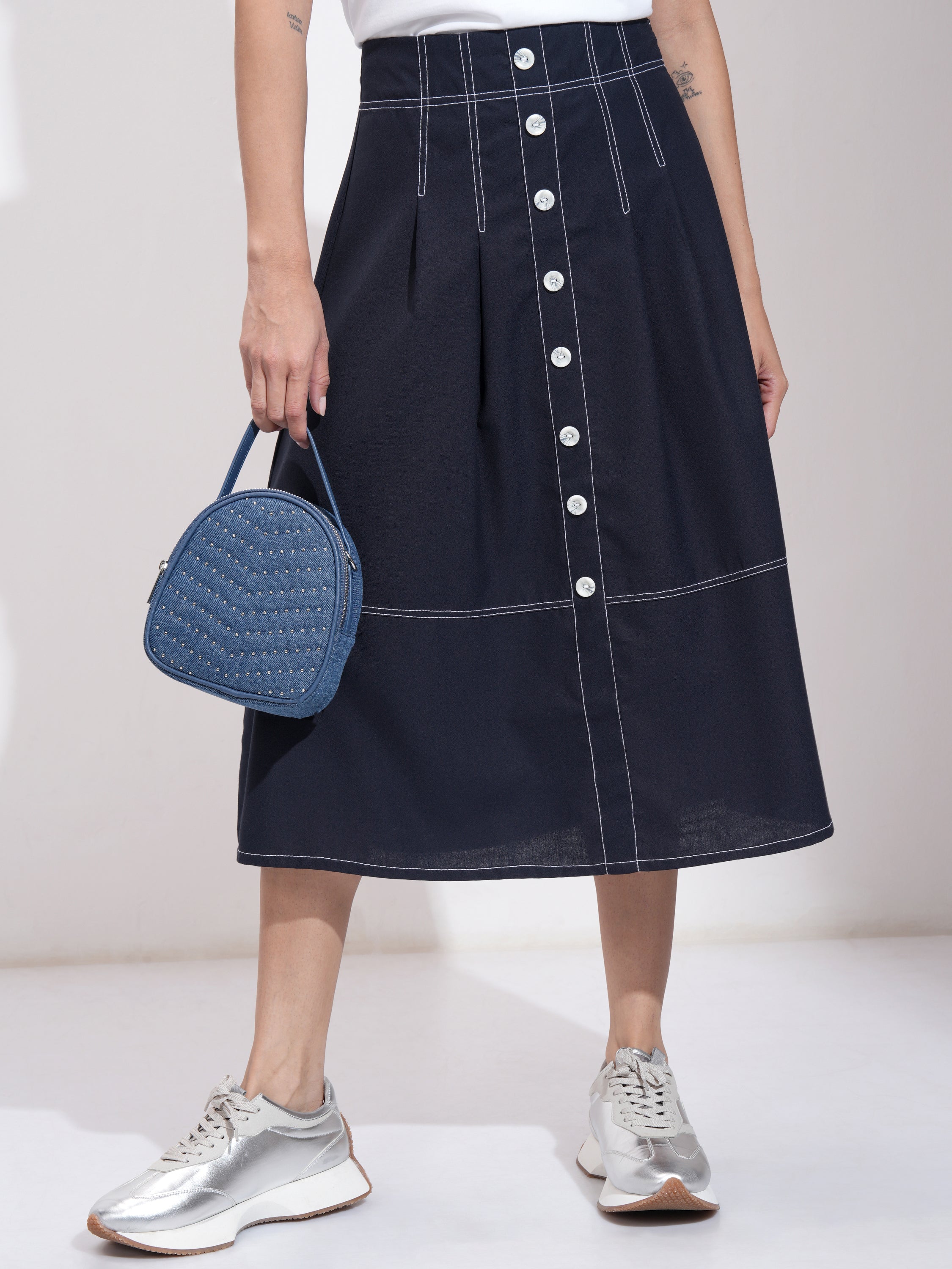 Tokyo Talkies Women Navy Blue Midi Skirt - Navy Blue - Image 1