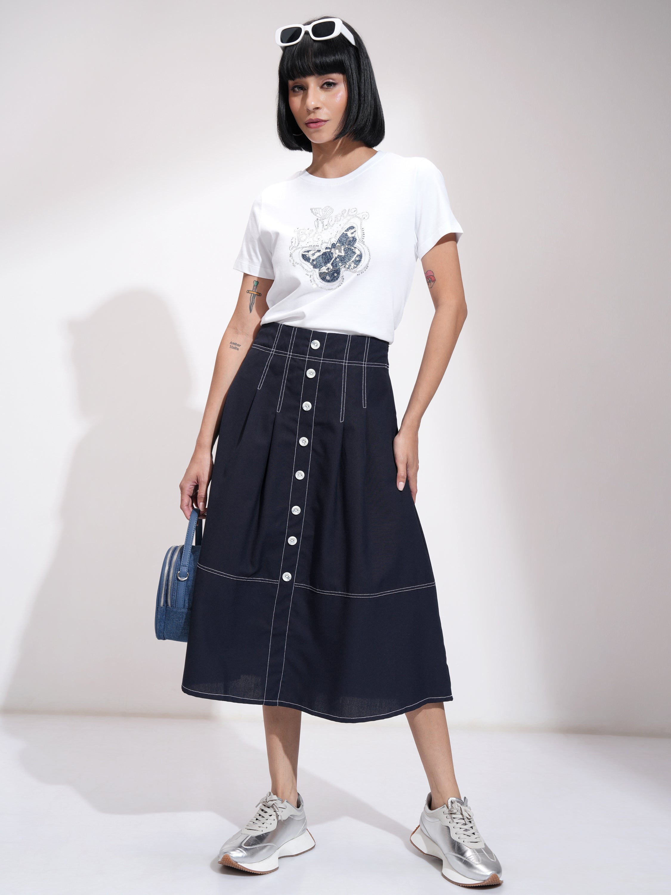 Tokyo Talkies Women Navy Blue Midi Skirt - Navy Blue - Image 2