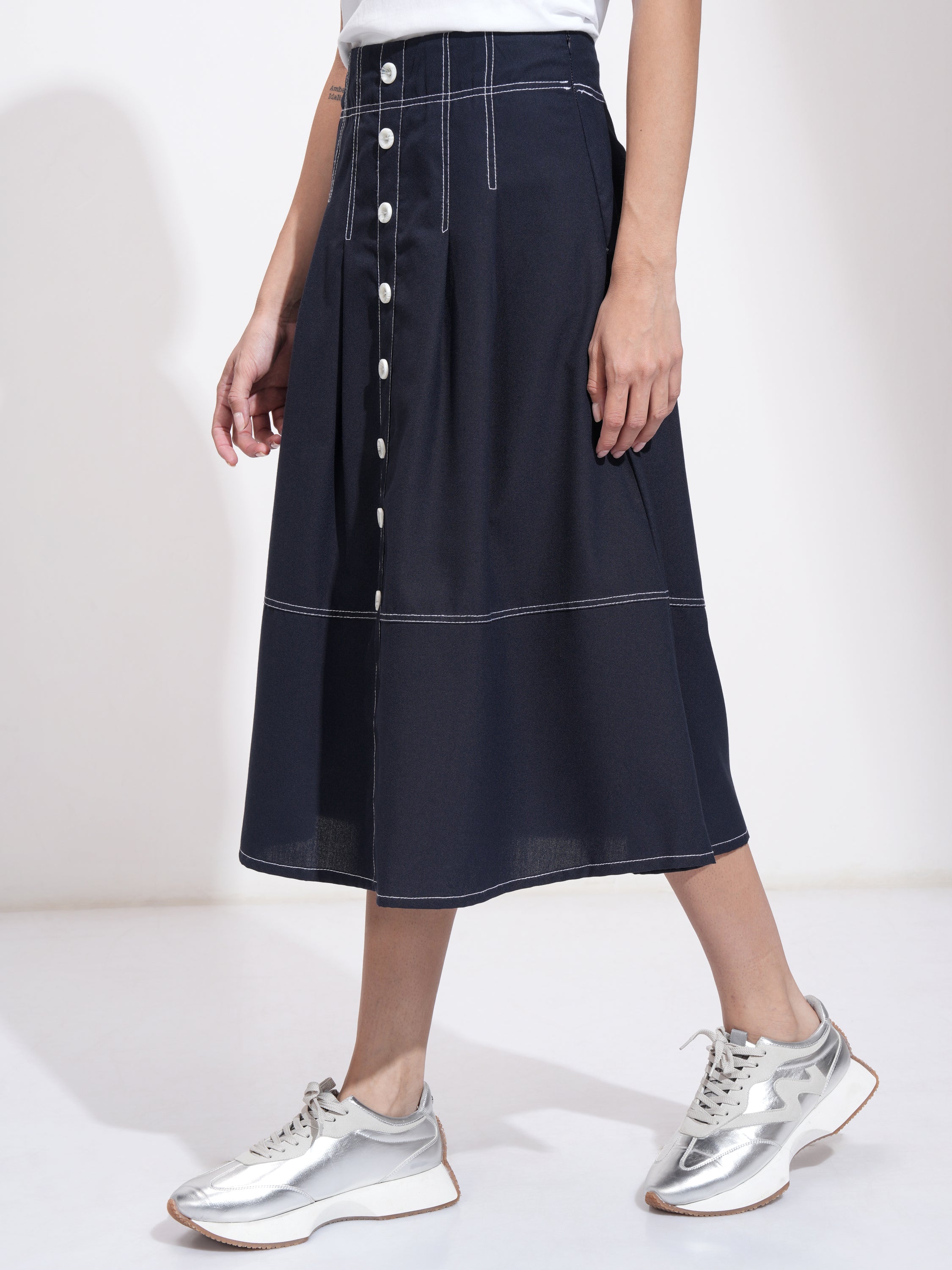 Tokyo Talkies Women Navy Blue Midi Skirt - Navy Blue - Image 4