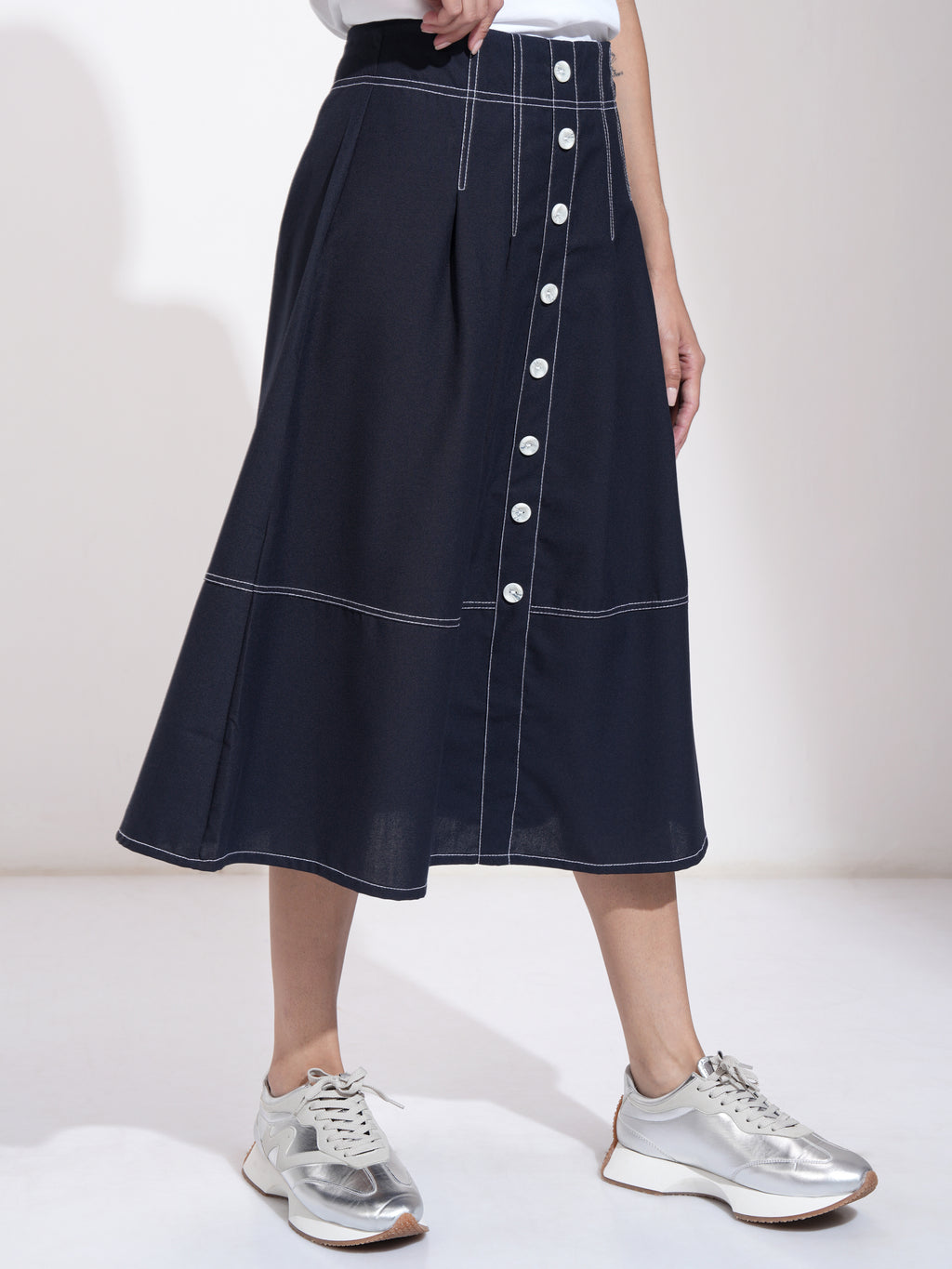 Tokyo Talkies Women Navy Blue Midi Skirt - Navy Blue - Image 6