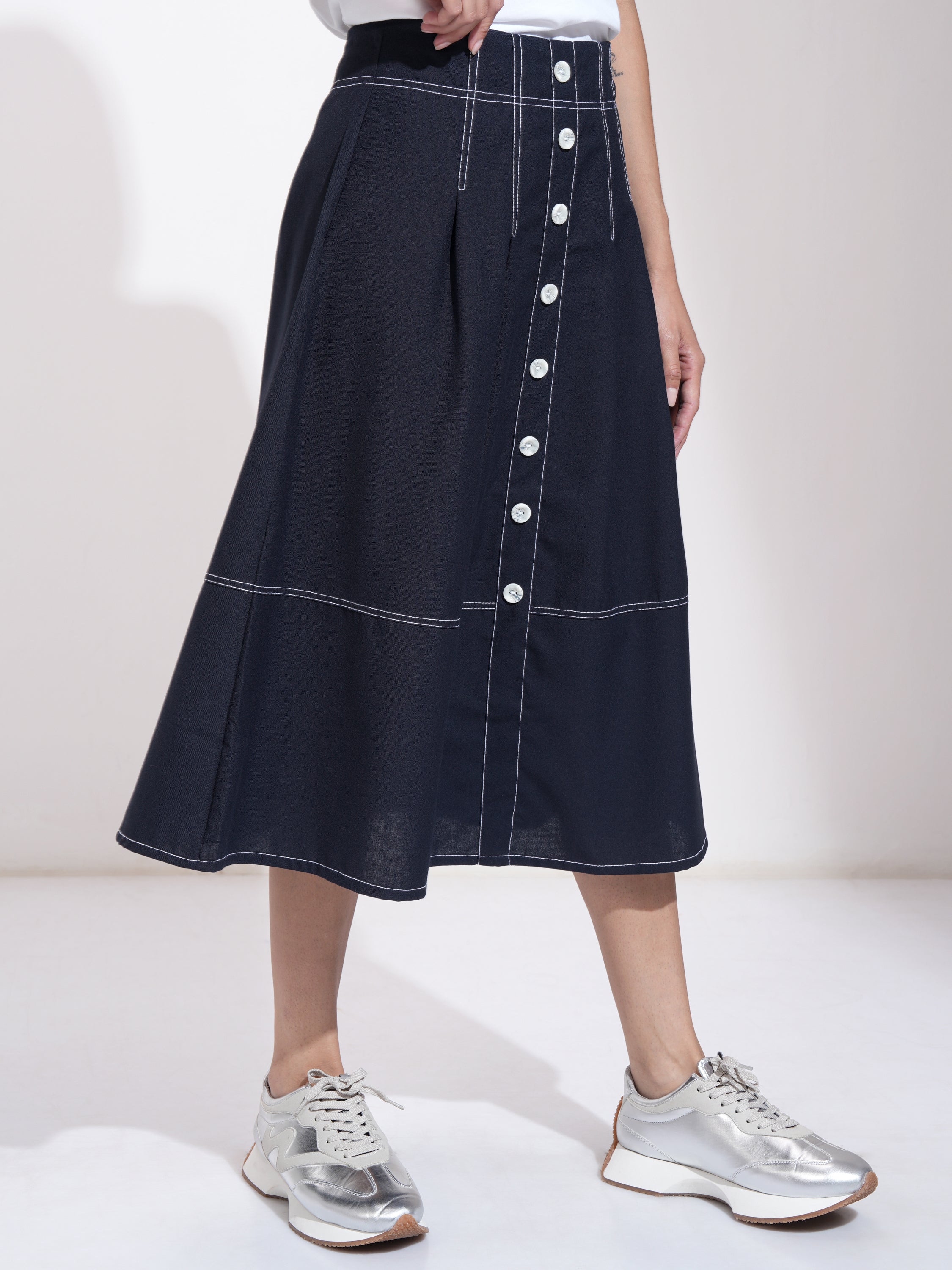 Tokyo Talkies Women Navy Blue Midi Skirt - Navy Blue - Image 6