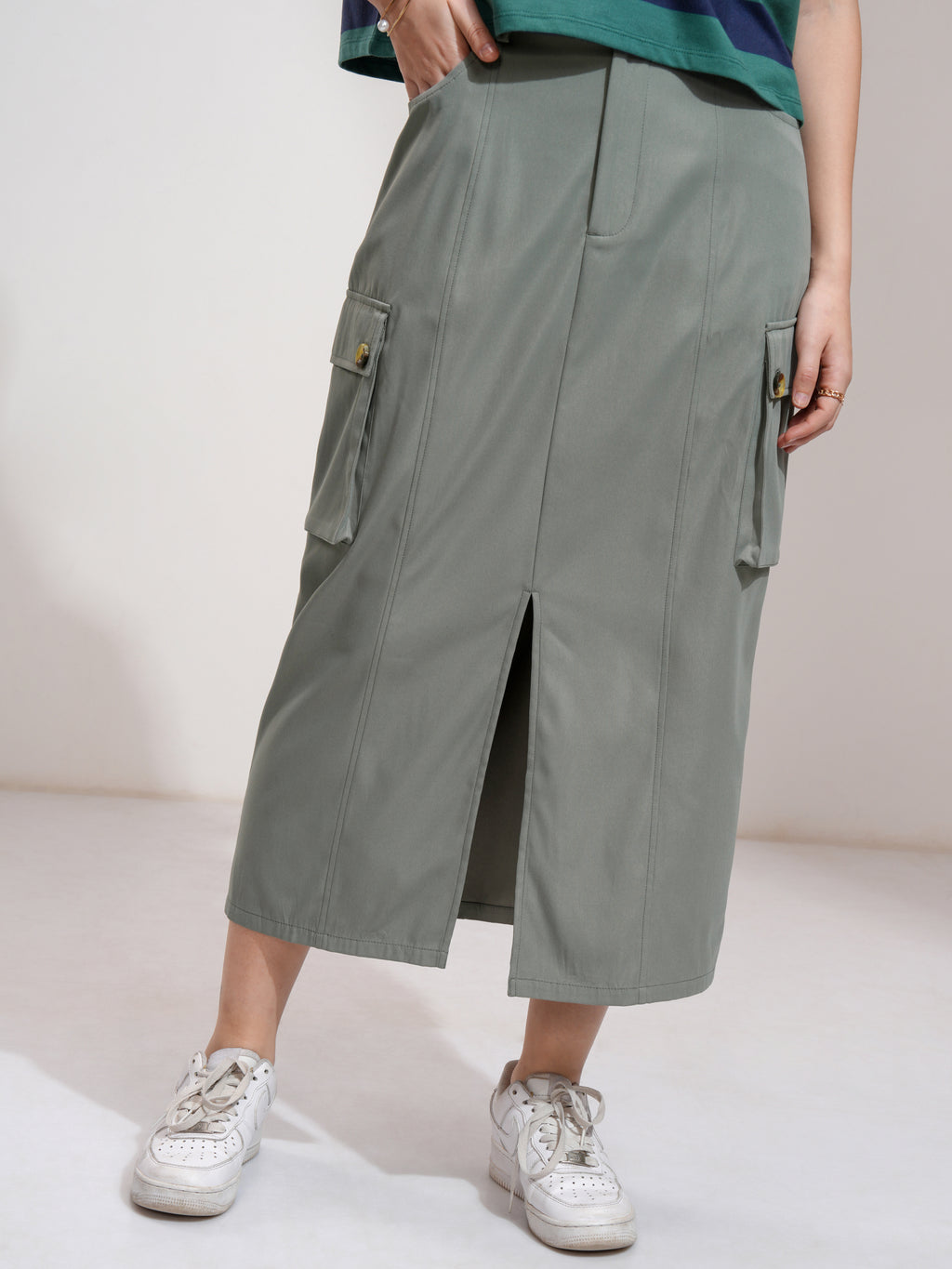 Tokyo Talkies Women Olive Midi Skirt - Olive - Image 1