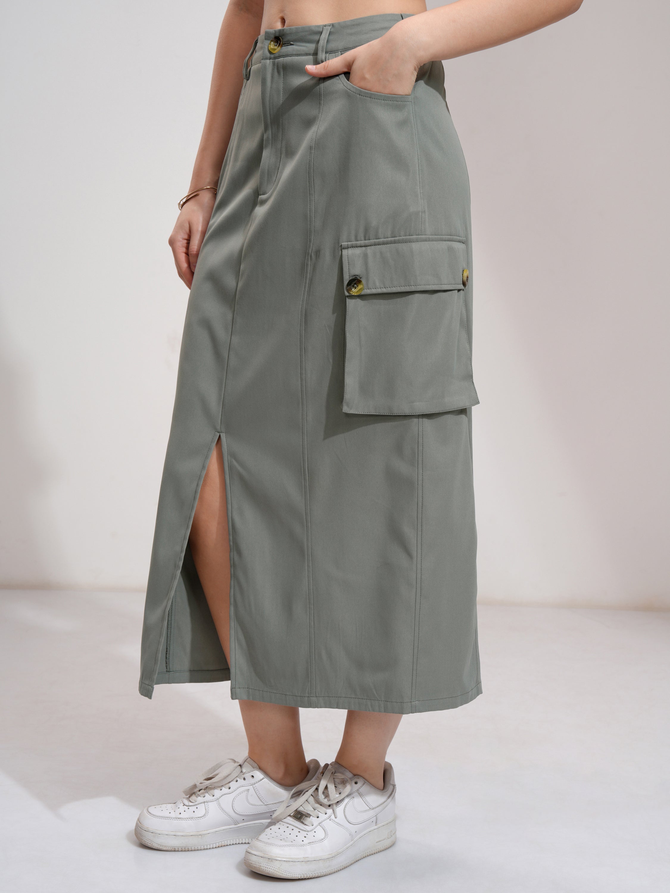 Tokyo Talkies Women Olive Midi Skirt - Olive - Image 4