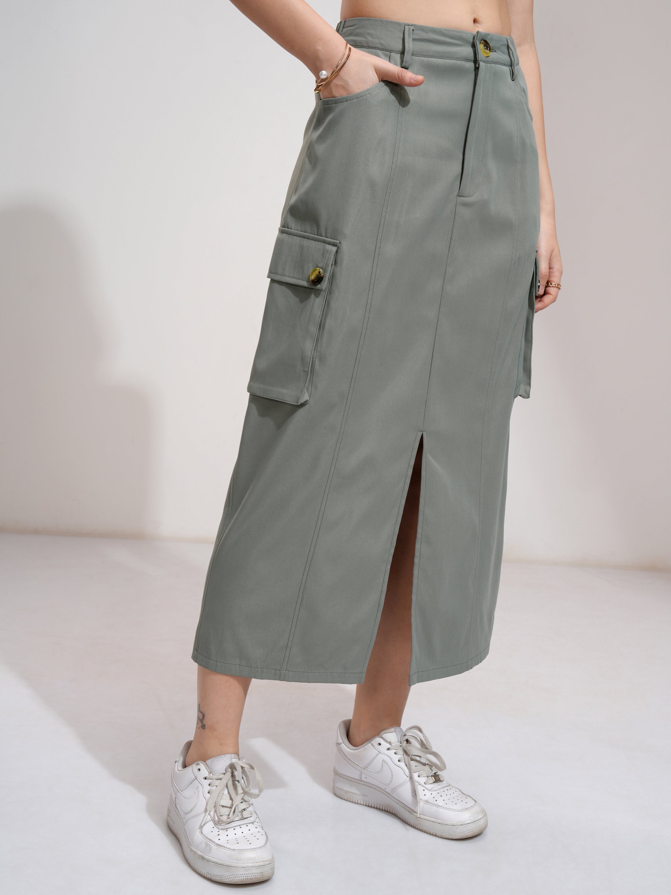 Tokyo Talkies Women Olive Midi Skirt - Olive - Image 6