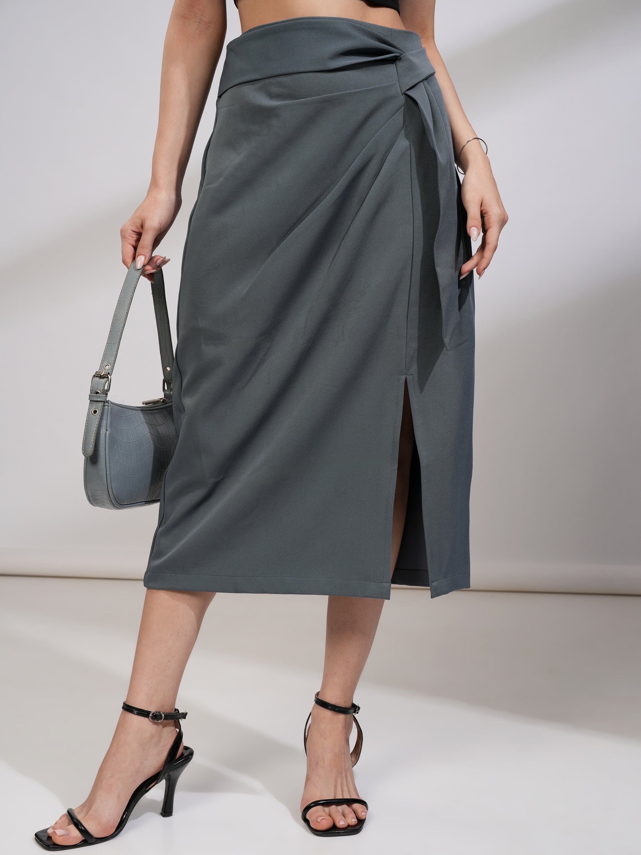 Tokyo Talkies Women Grey Midi Skirt - Grey - Image 1
