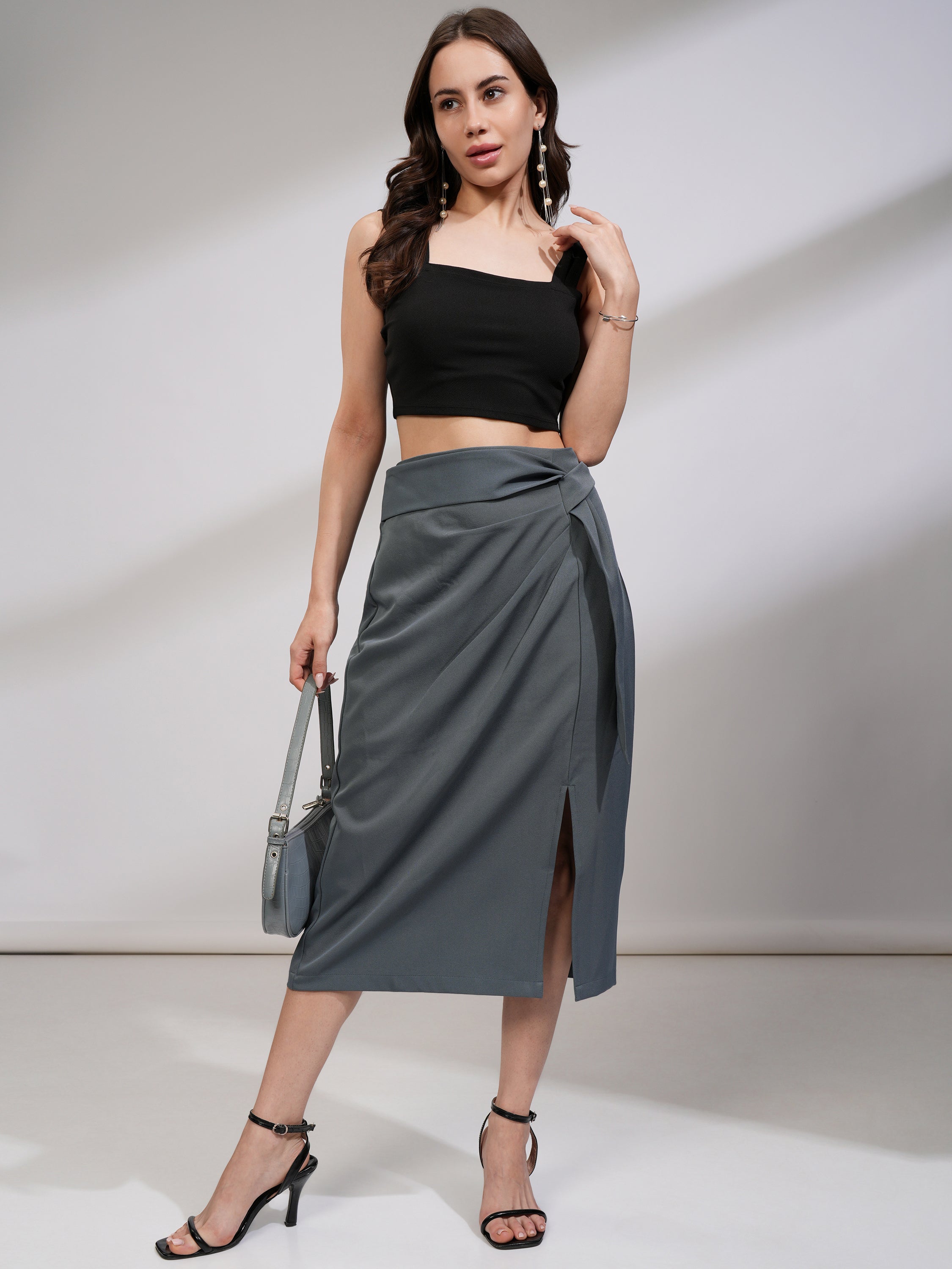 Tokyo Talkies Women Grey Midi Skirt - Grey - Image 2
