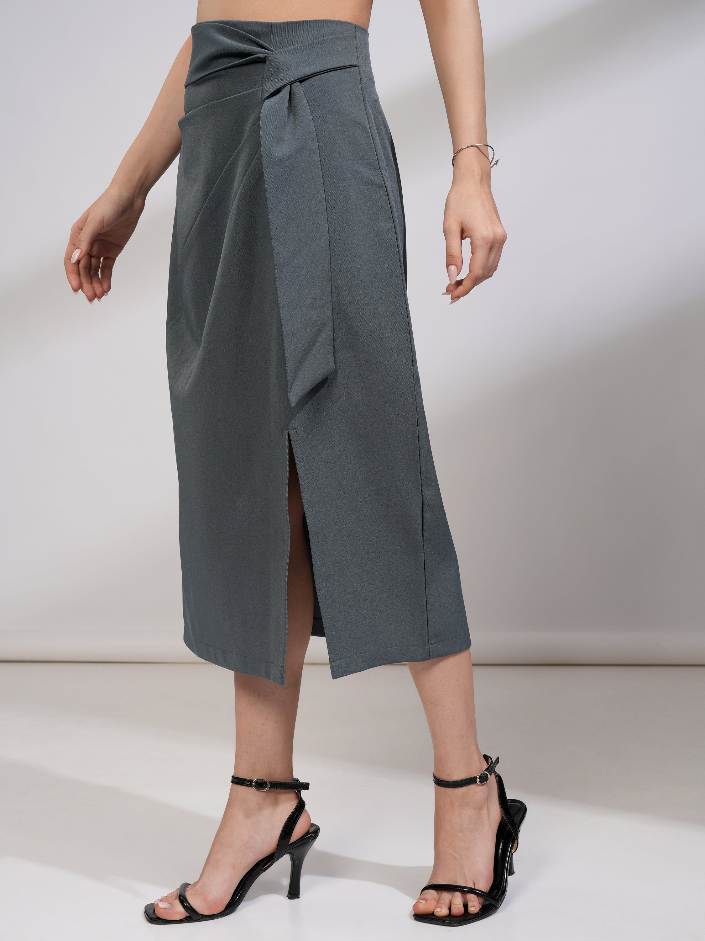 Tokyo Talkies Women Grey Midi Skirt - Grey - Image 4