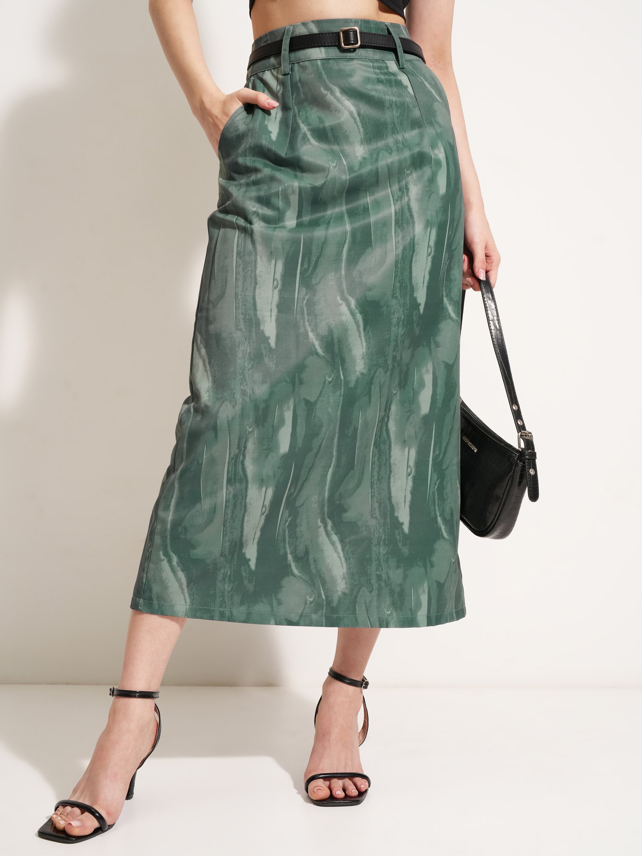 Tokyo Talkies Women Olive Midi Skirt - Olive - Image 1