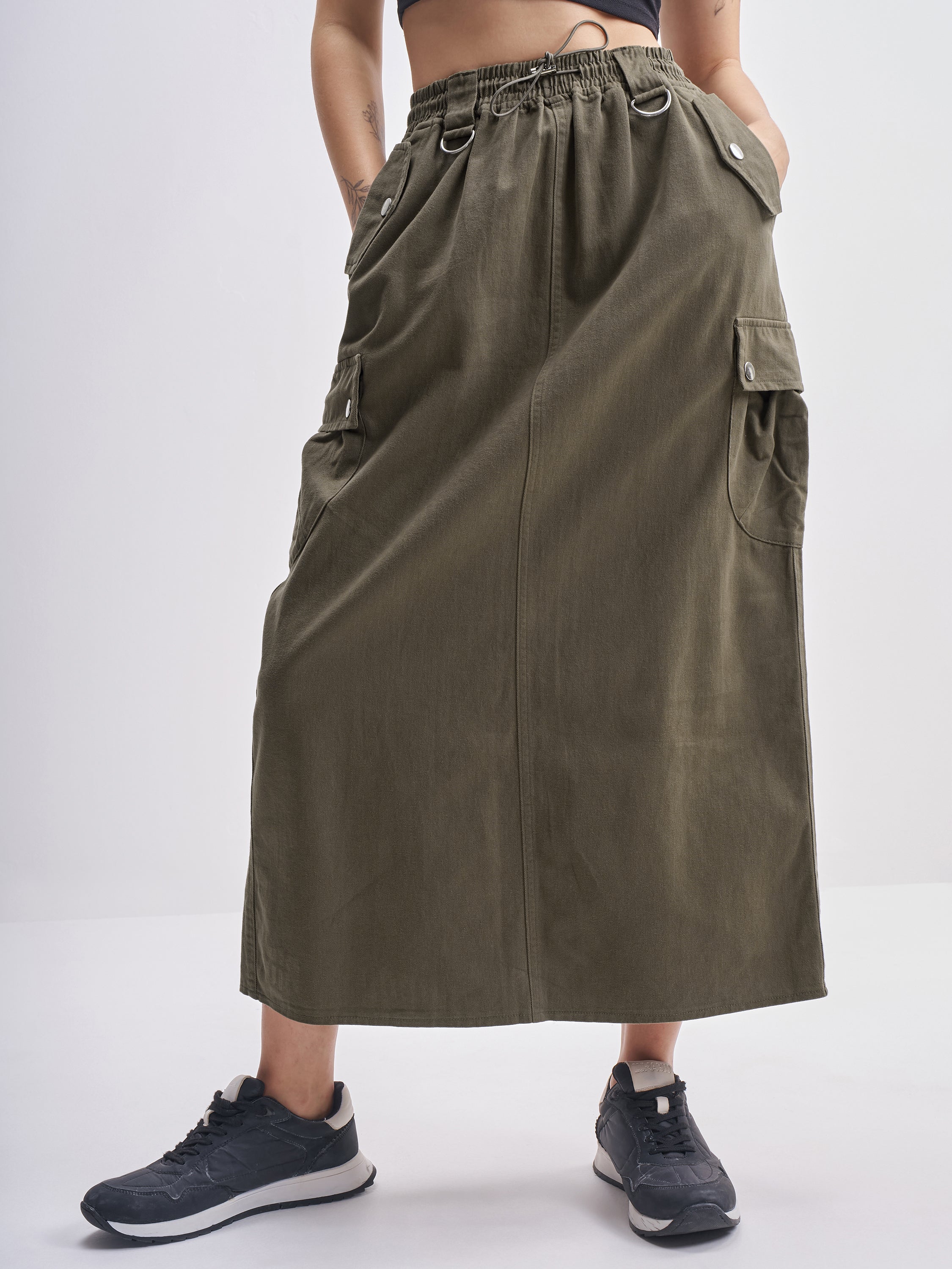 Tokyo Talkies Women Olive Midi Skirt - Olive - Image 1