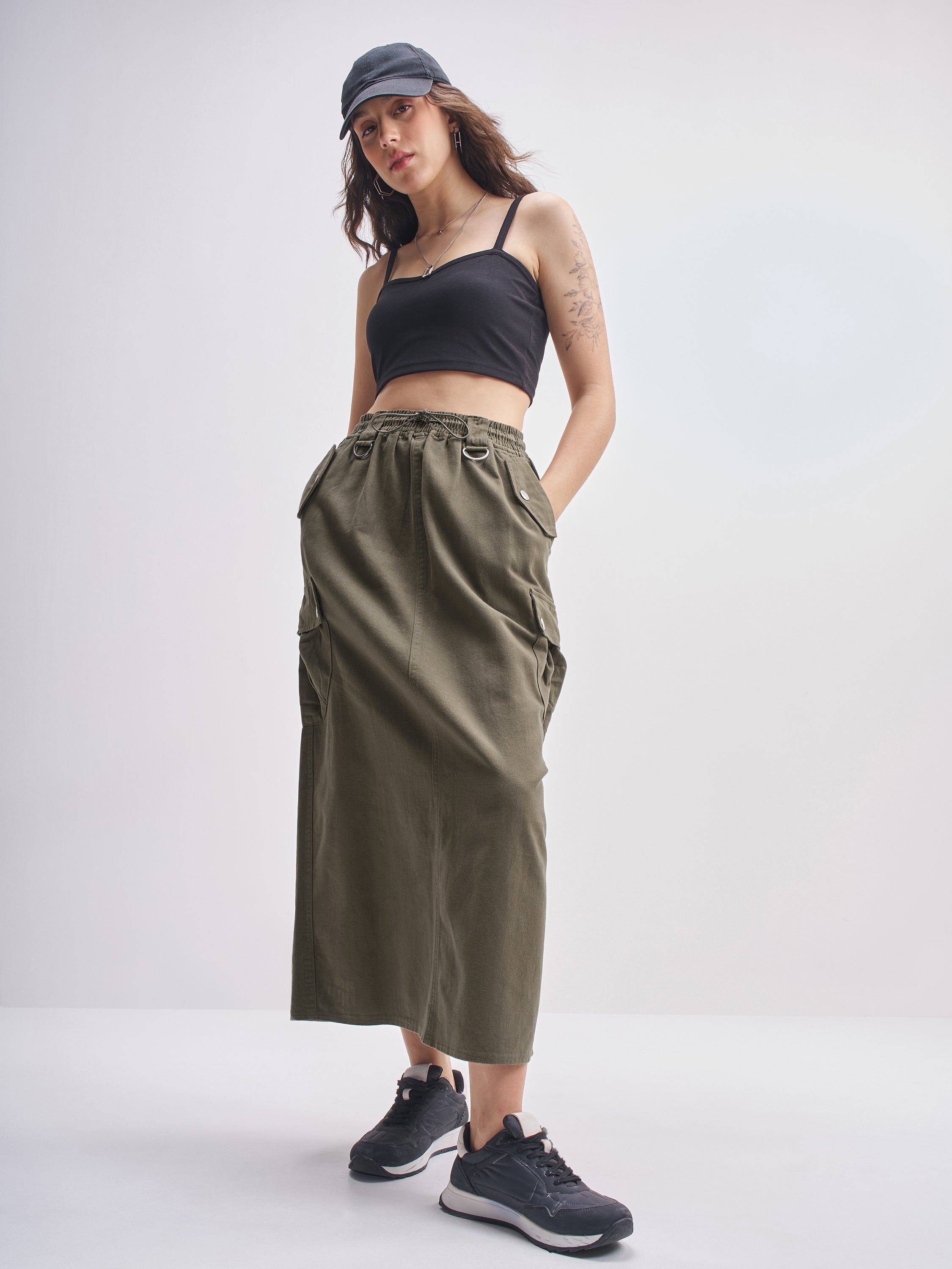 Tokyo Talkies Women Olive Midi Skirt - Olive - Image 2