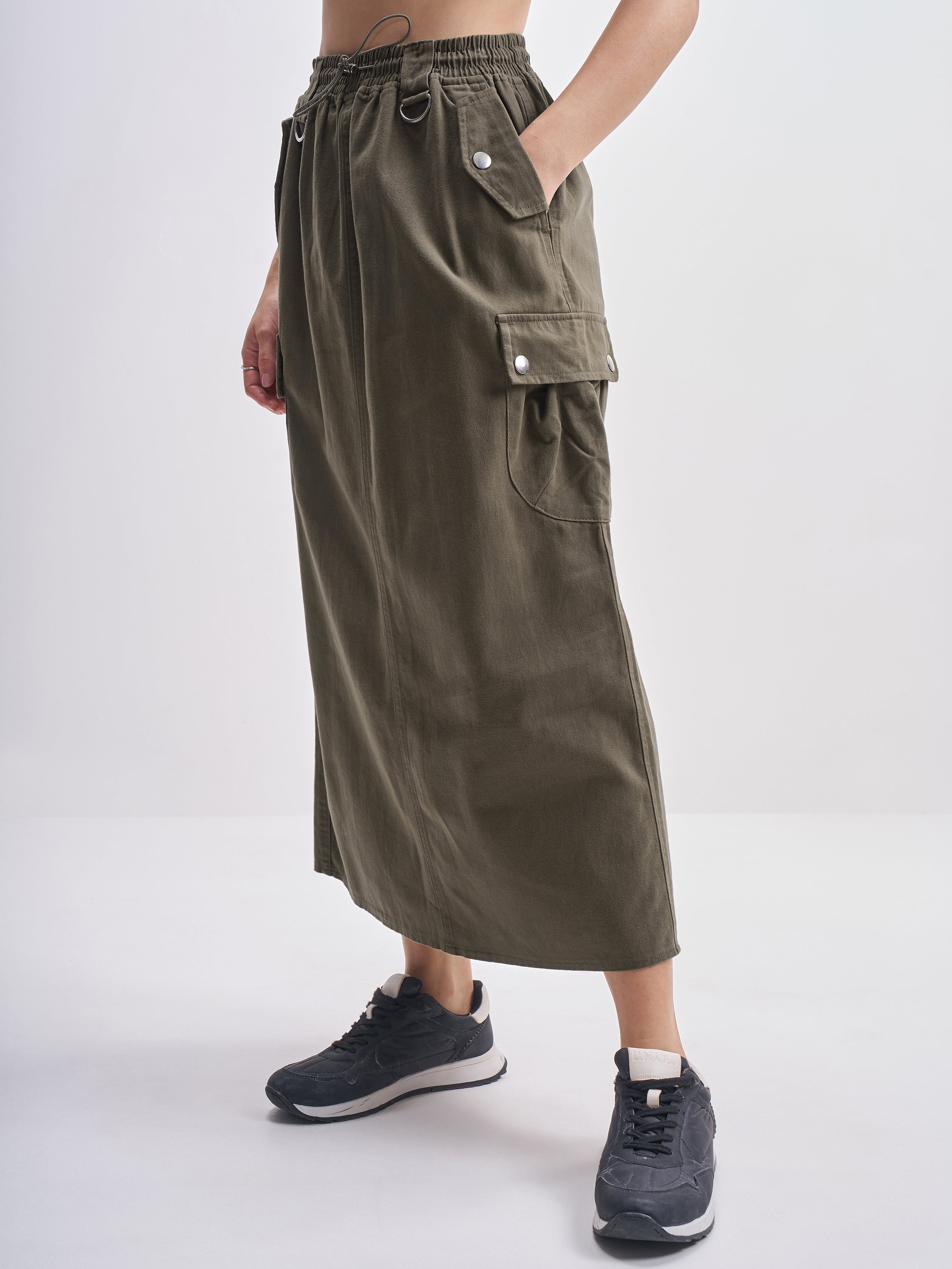 Tokyo Talkies Women Olive Midi Skirt - Olive - Image 4