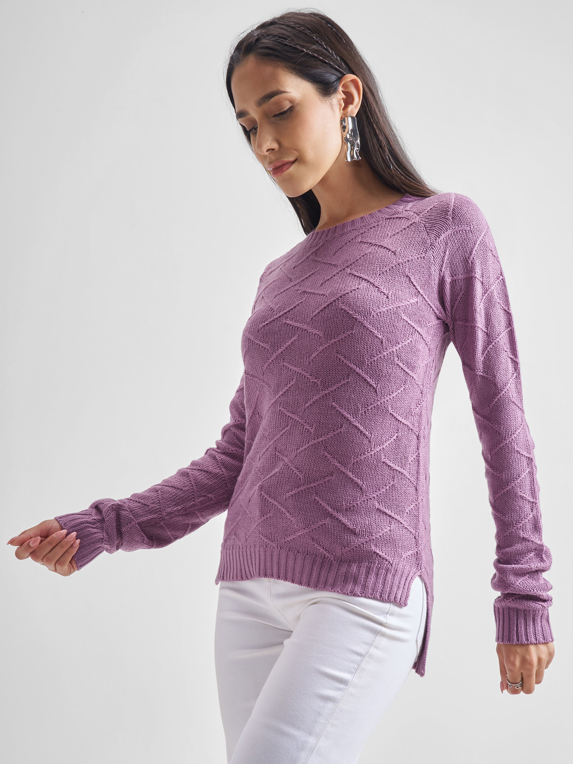 Tokyo Talkies Women Mauve Round Neck Solid Sweater - Mauve - Image 4