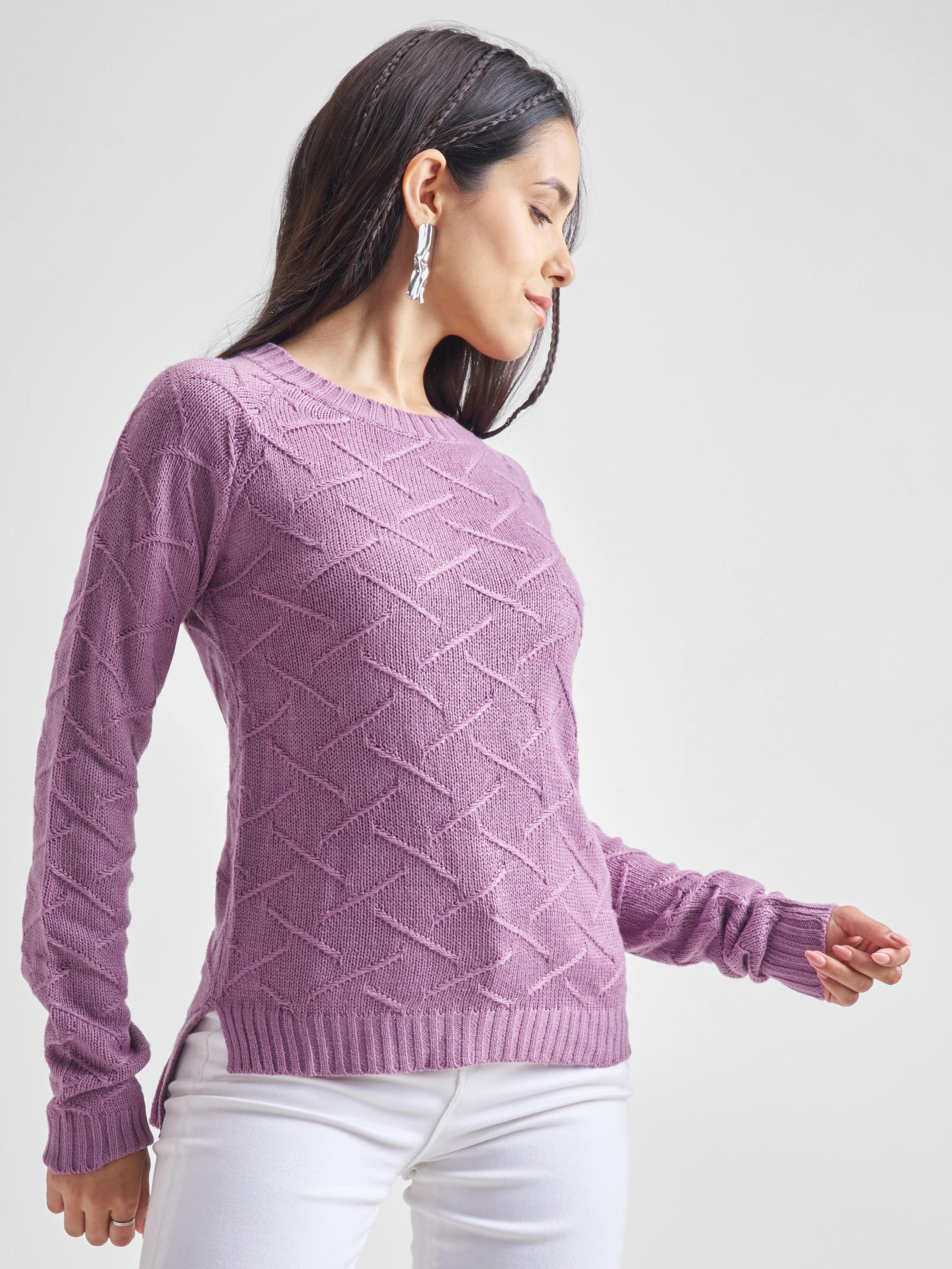 Tokyo Talkies Women Mauve Round Neck Solid Sweater - Mauve - Image 6