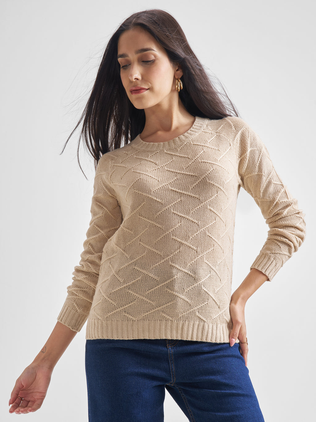 Tokyo Talkies Women Nude Round Neck Solid Sweater - Beige - Image 1