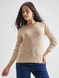 Tokyo Talkies Women Nude Round Neck Solid Sweater - Beige - Image 1