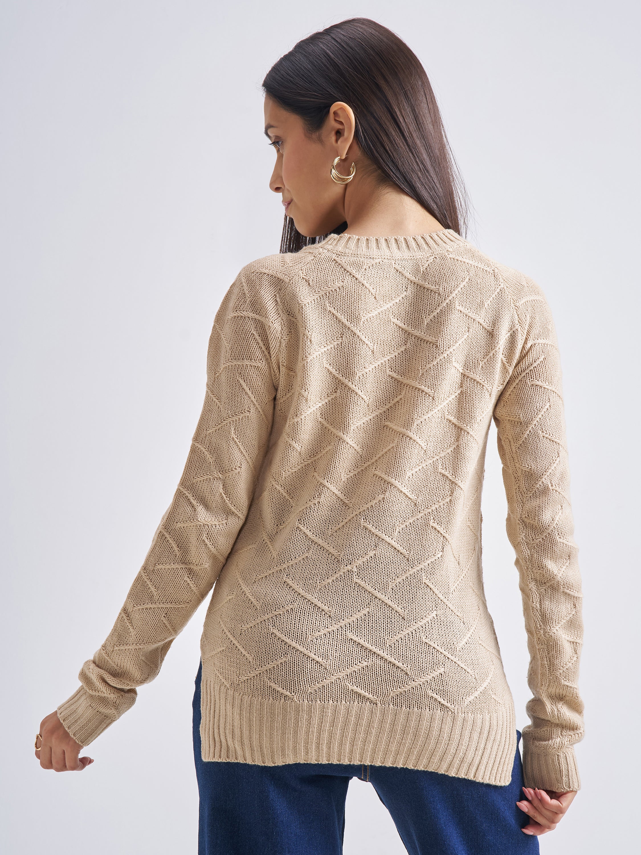 Tokyo Talkies Women Nude Round Neck Solid Sweater - Beige - Image 3