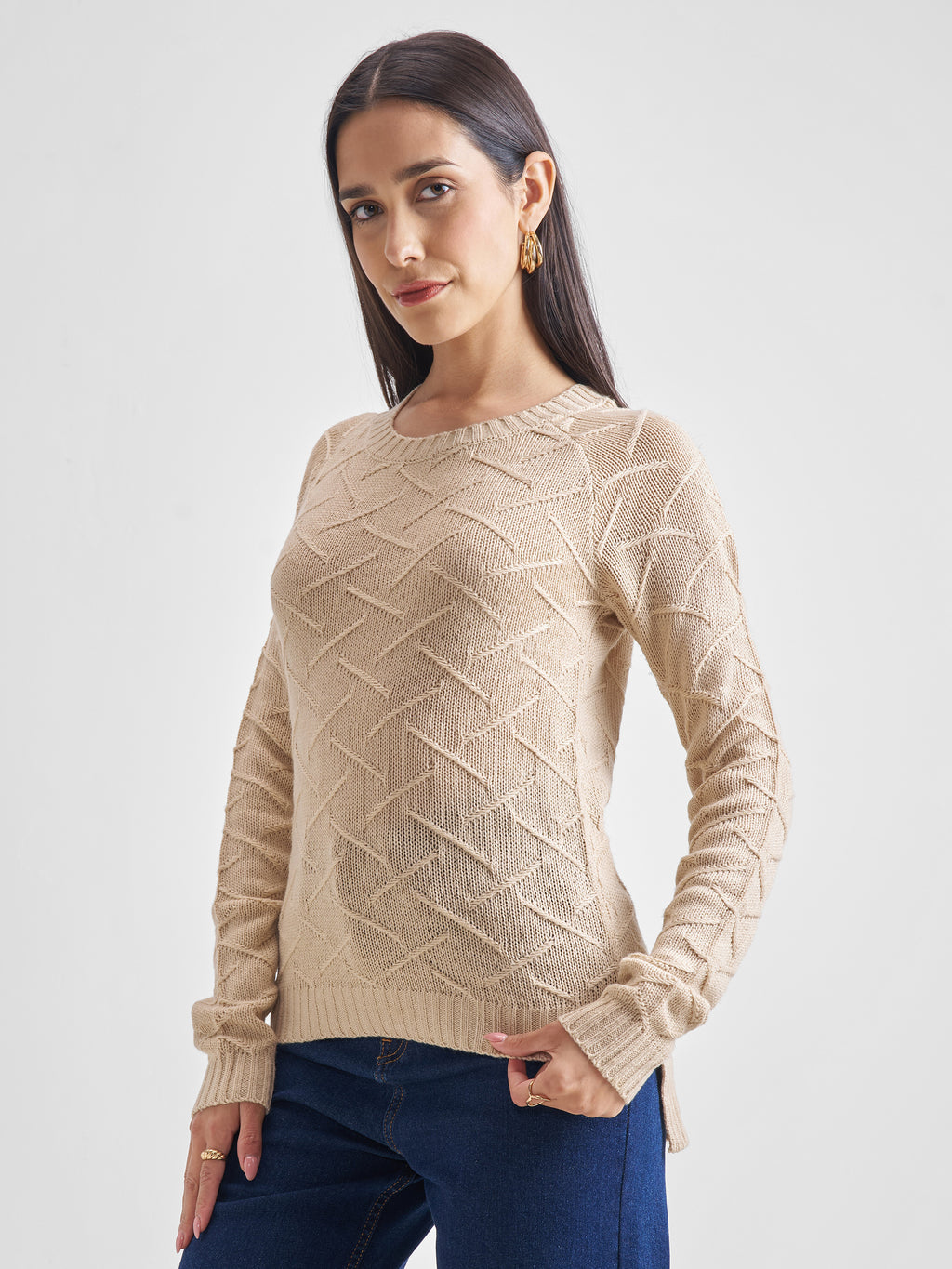 Tokyo Talkies Women Nude Round Neck Solid Sweater - Beige - Image 4