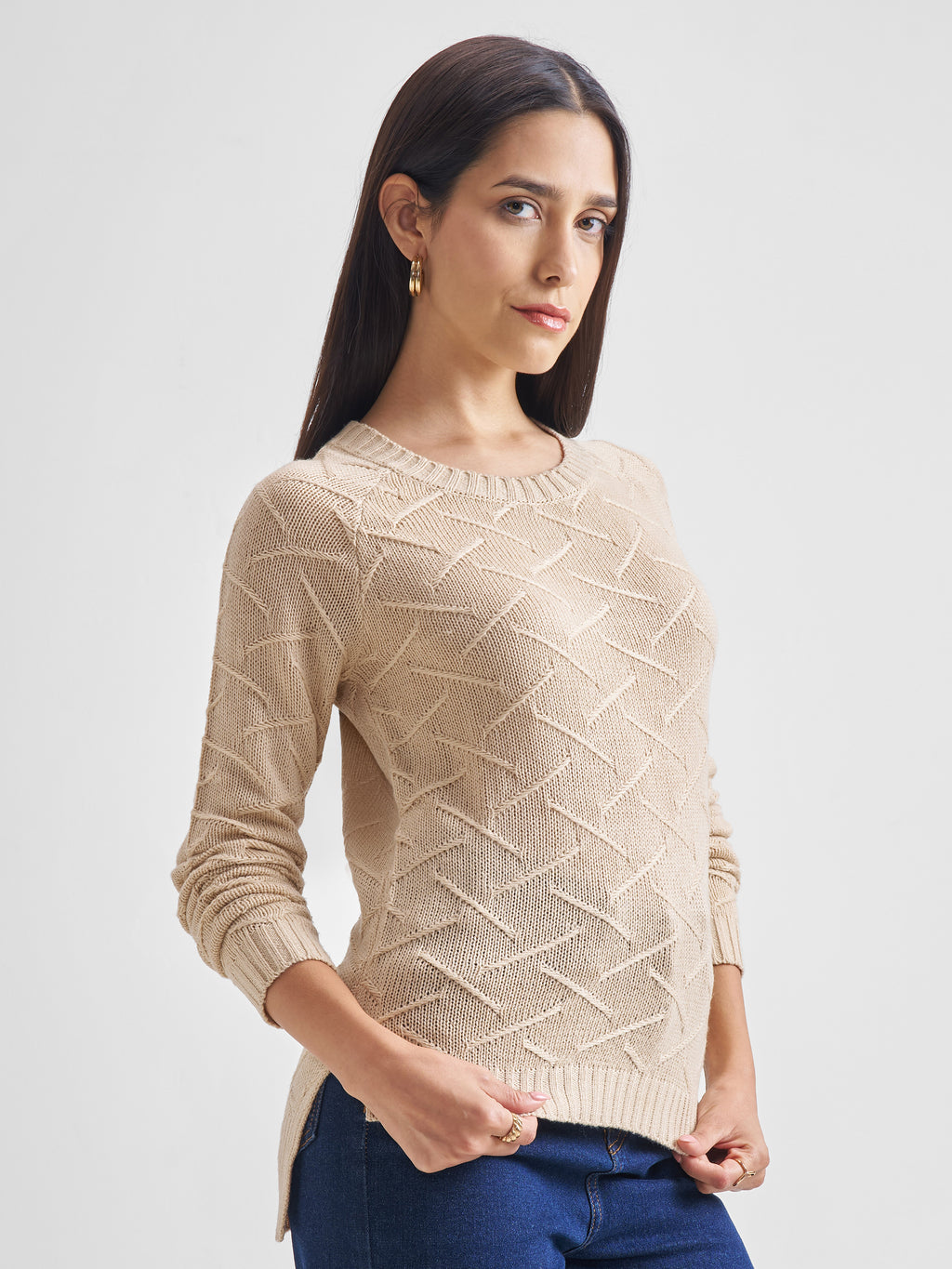 Tokyo Talkies Women Nude Round Neck Solid Sweater - Beige - Image 6