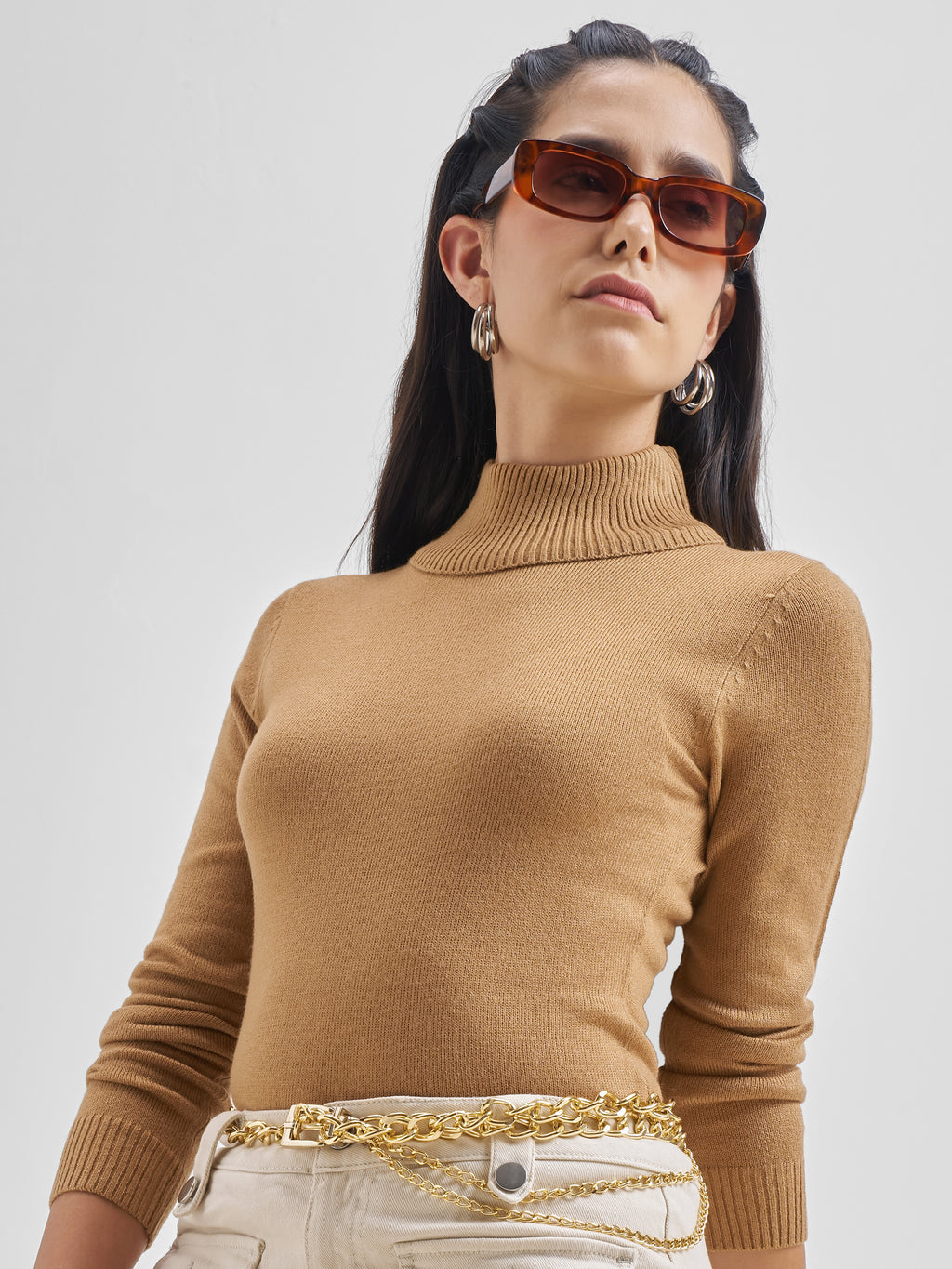 Tokyo Talkies Women Nude Turtle Neck Pullover Sweater - Beige - Image 1