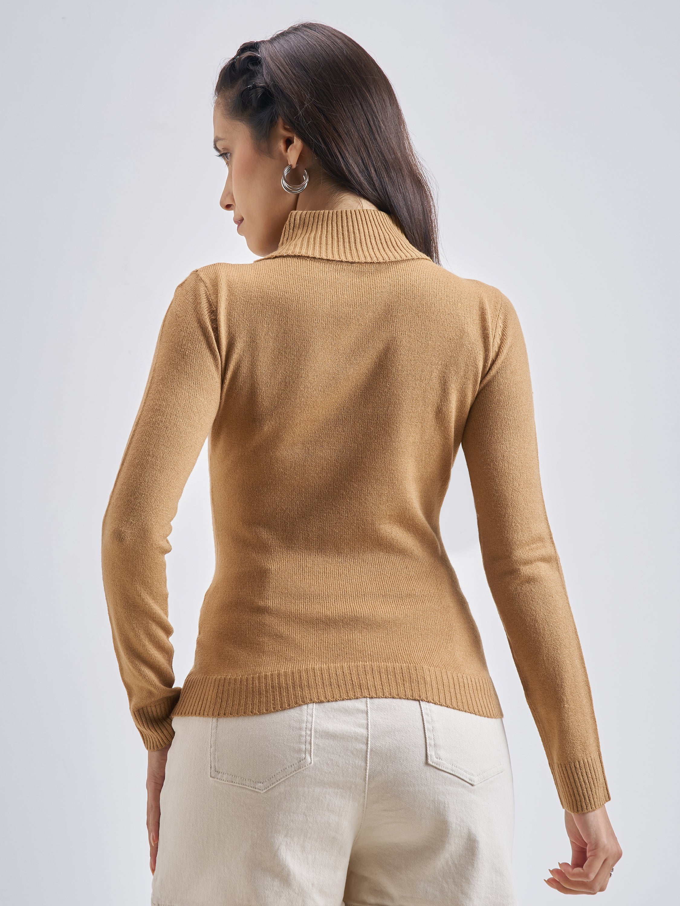Tokyo Talkies Women Nude Turtle Neck Pullover Sweater - Beige - Image 3