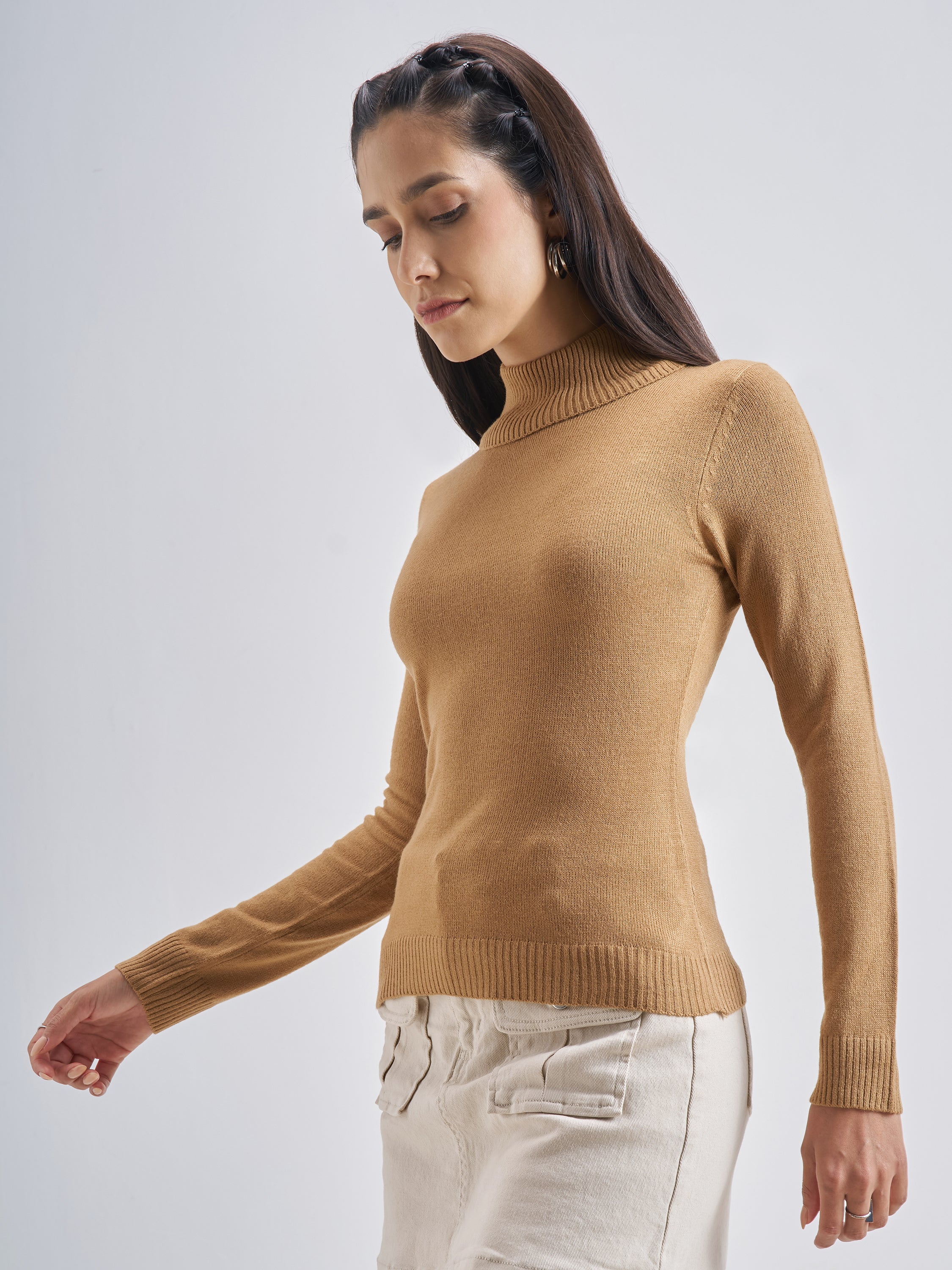 Tokyo Talkies Women Nude Turtle Neck Pullover Sweater - Beige - Image 4