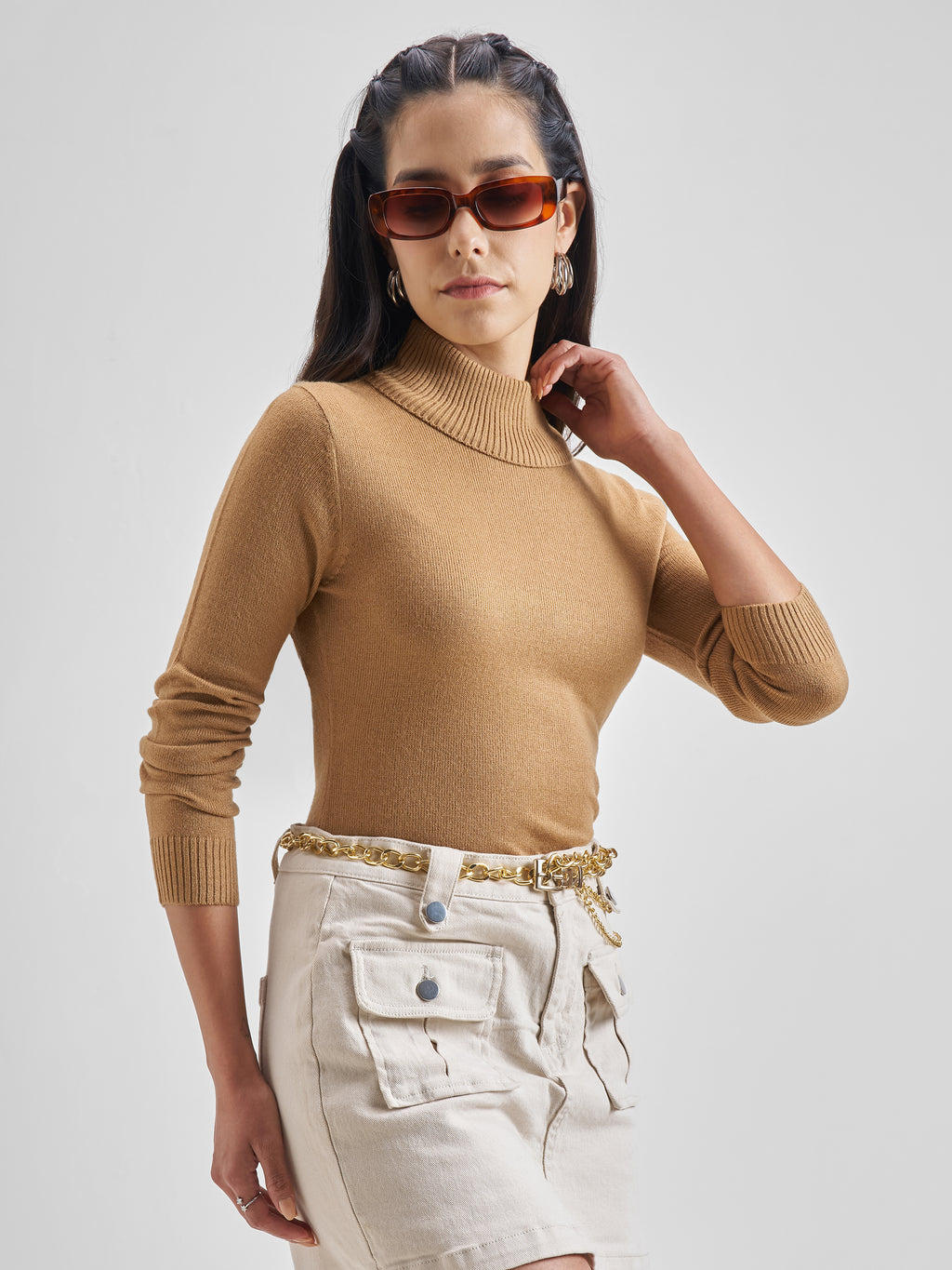 Tokyo Talkies Women Nude Turtle Neck Pullover Sweater - Beige - Image 6