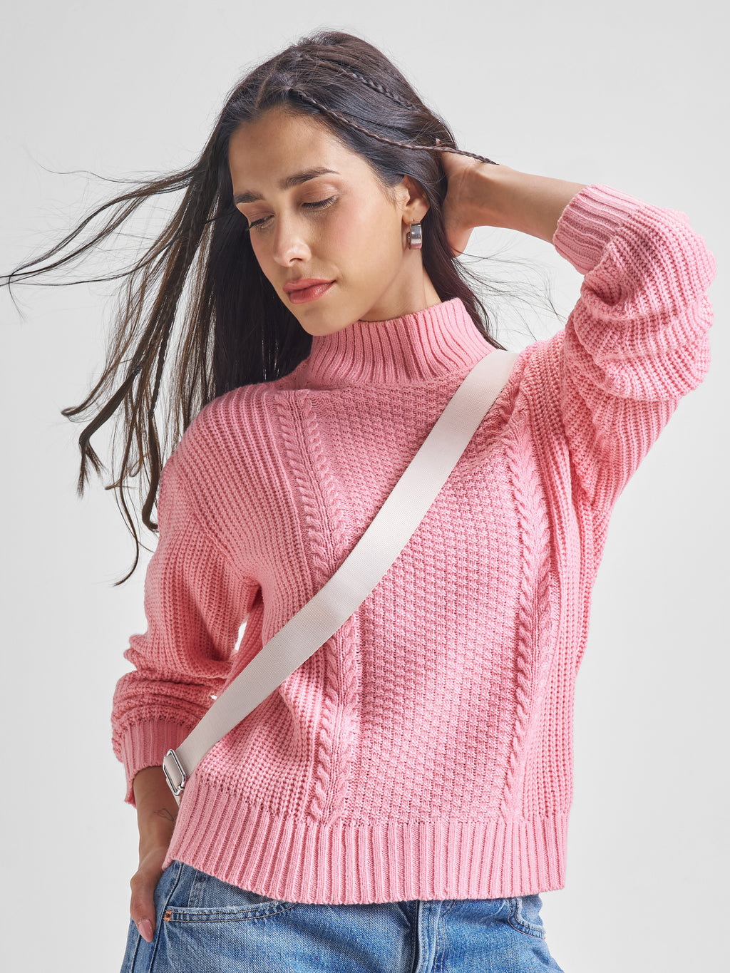 Tokyo Talkies Women Pink High Neck Sweater - Pink - Image 1