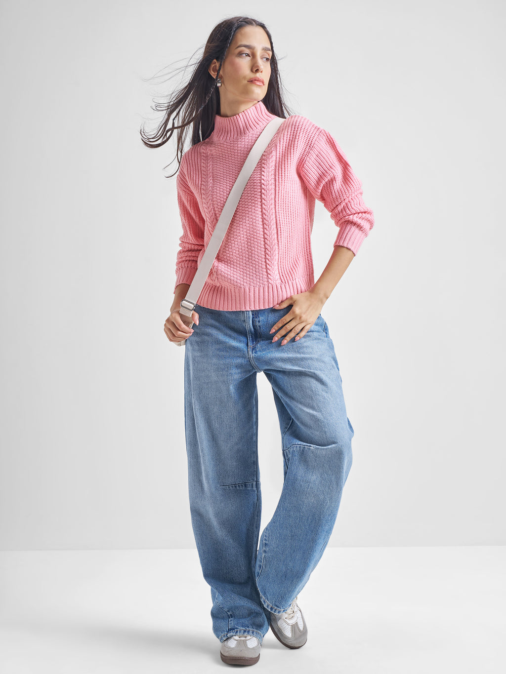 Tokyo Talkies Women Pink High Neck Sweater - Pink - Image 2