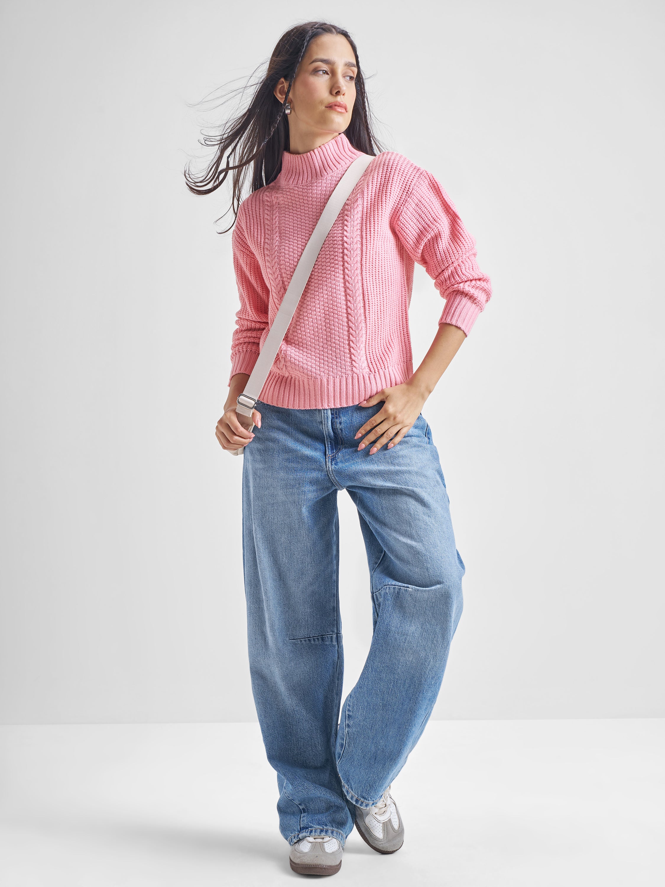 Tokyo Talkies Women Pink High Neck Sweater - Pink - Image 2