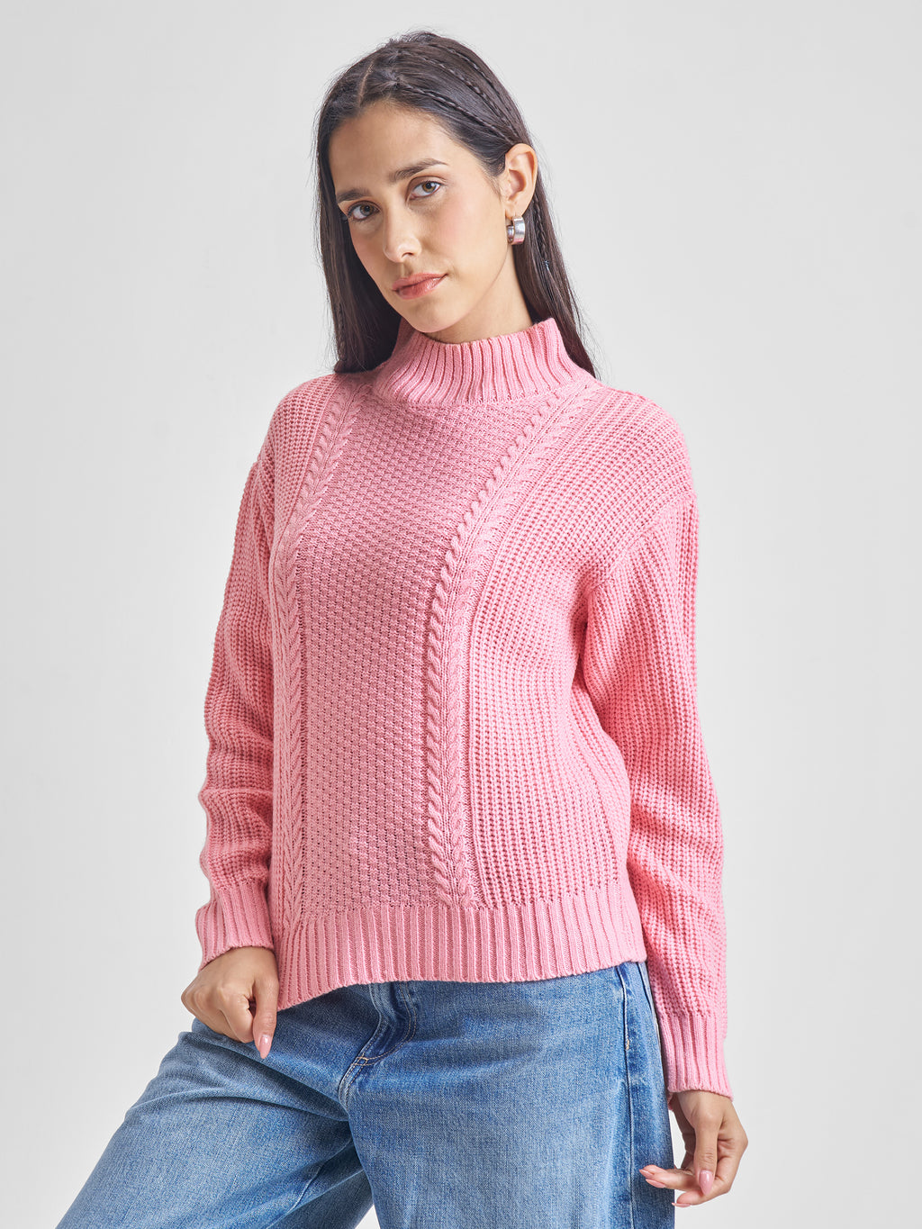 Tokyo Talkies Women Pink High Neck Sweater - Pink - Image 4