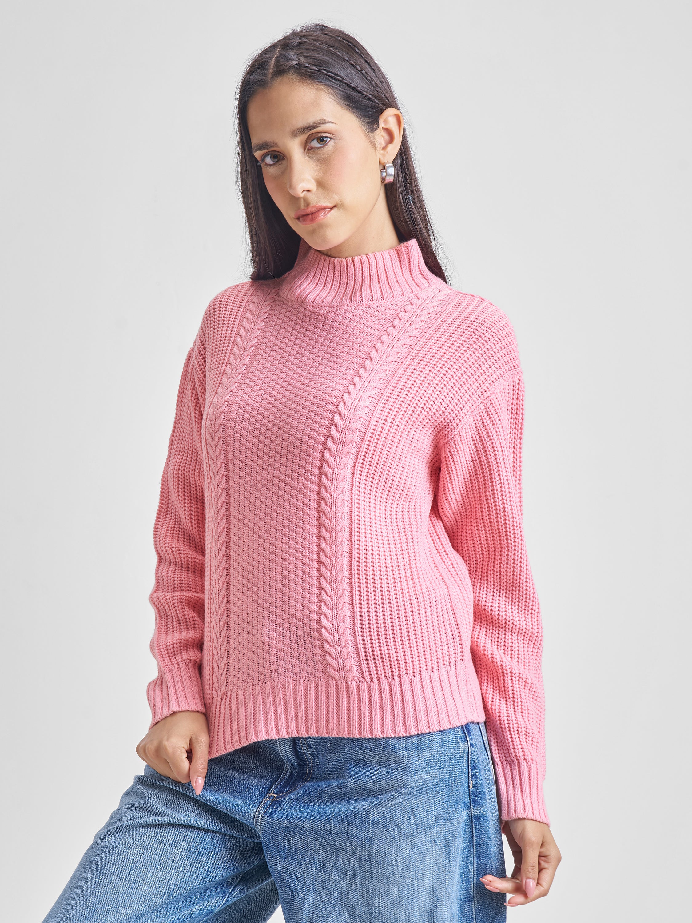 Tokyo Talkies Women Pink High Neck Sweater - Pink - Image 4