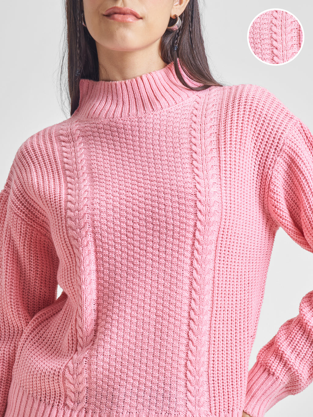 Tokyo Talkies Women Pink High Neck Sweater - Pink - Image 5