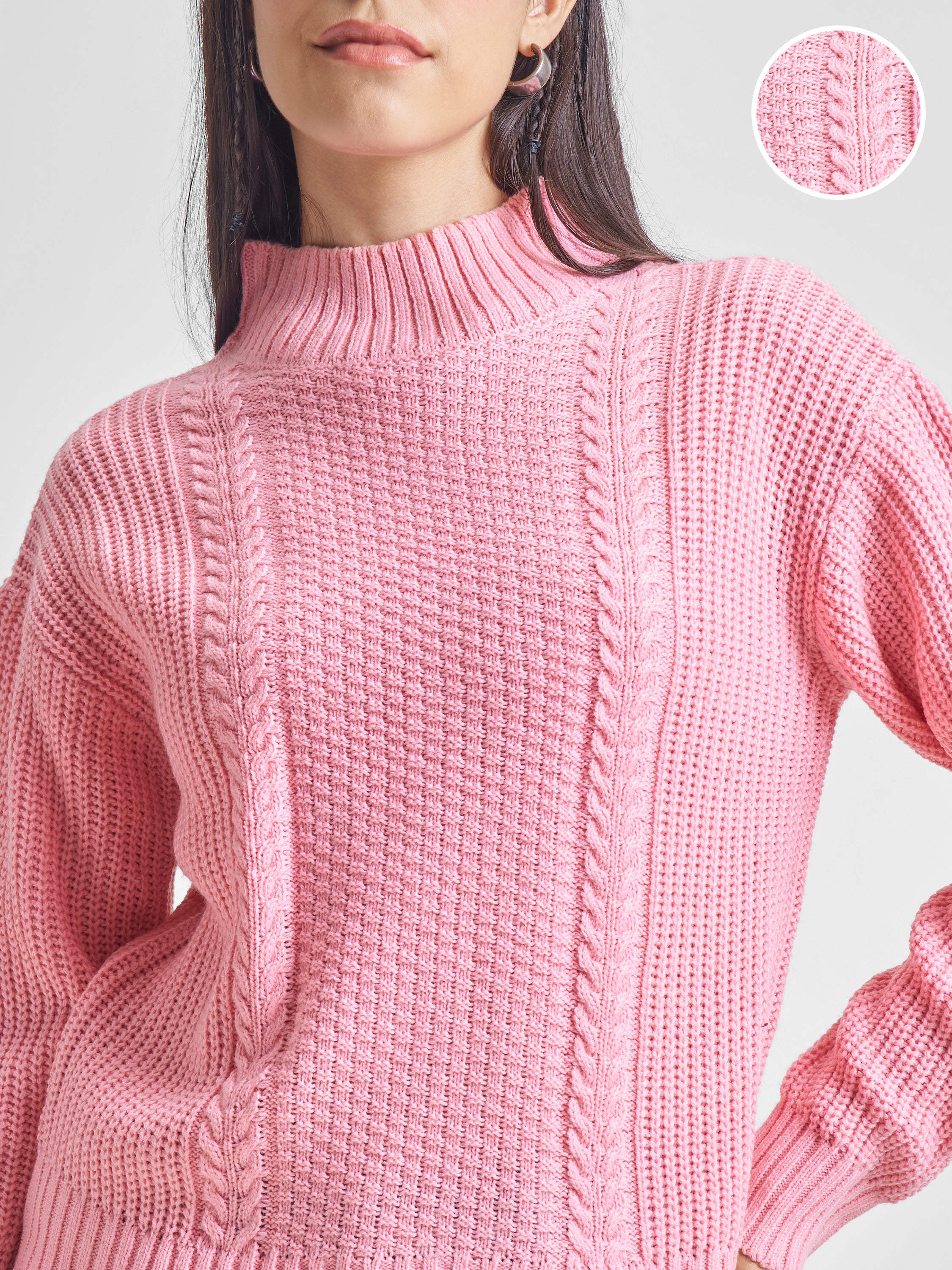 Tokyo Talkies Women Pink High Neck Sweater - Pink - Image 5