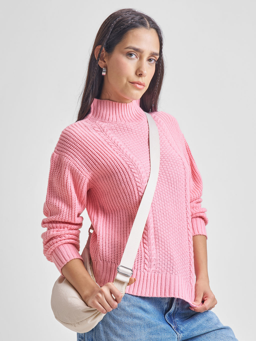 Tokyo Talkies Women Pink High Neck Sweater - Pink - Image 6