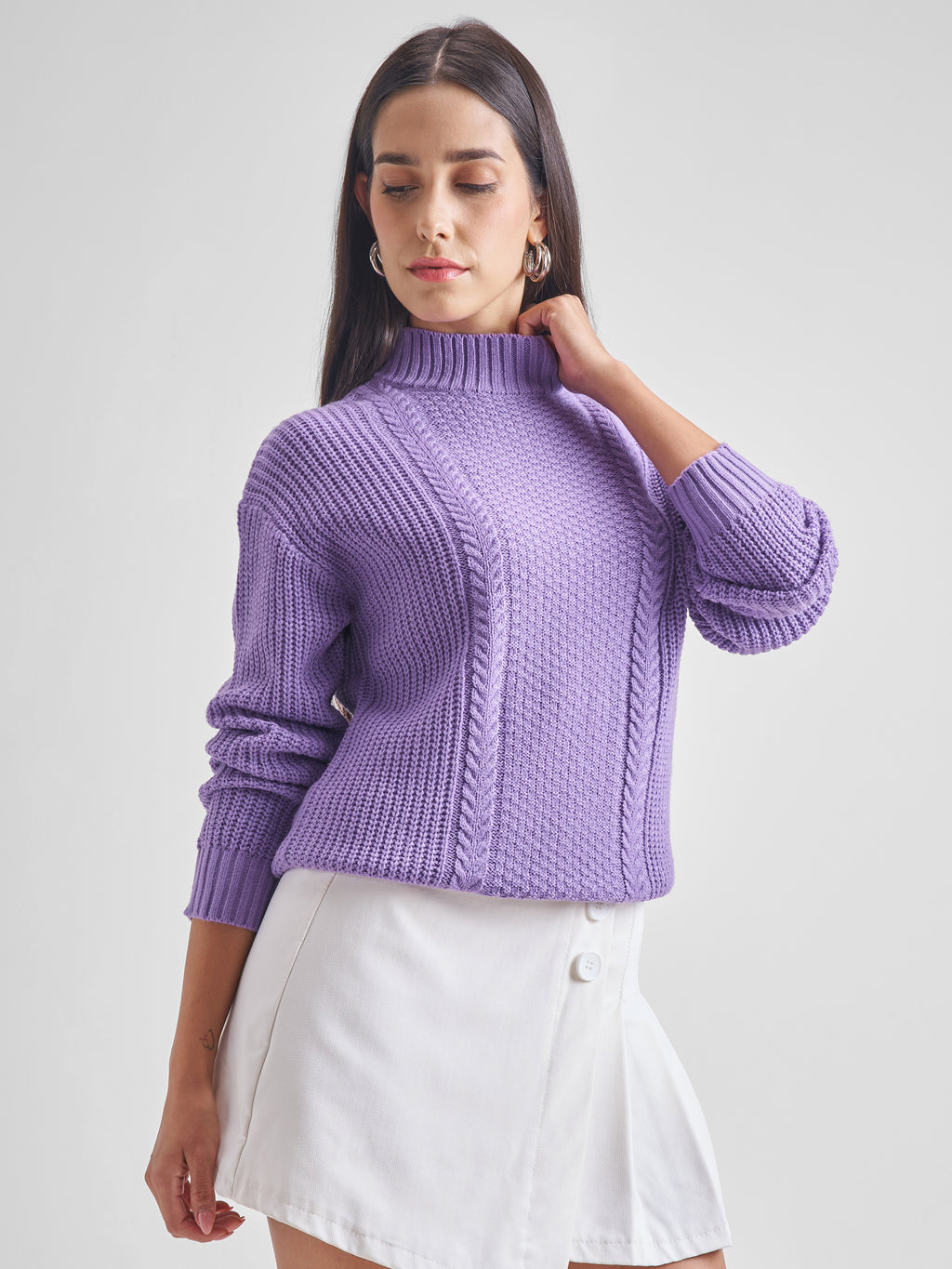 Tokyo Talkies Women Purple High Neck Sweater - Purple - Image 6