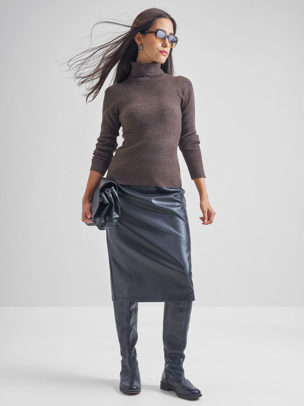 Tokyo Talkies Women Brown Turtle Neck Pullover Sweater - Brown - Image 2