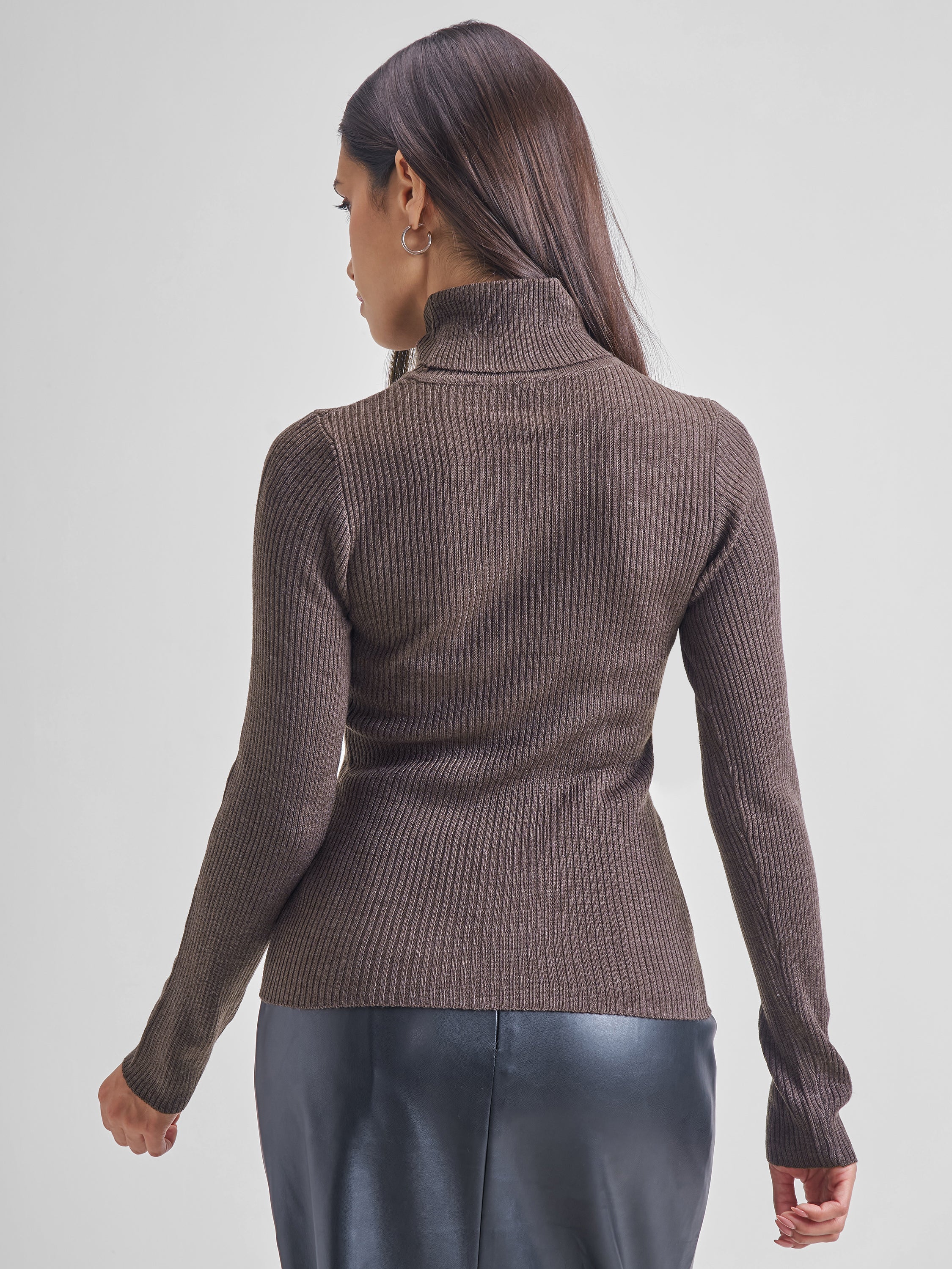 Tokyo Talkies Women Brown Turtle Neck Pullover Sweater - Brown - Image 3